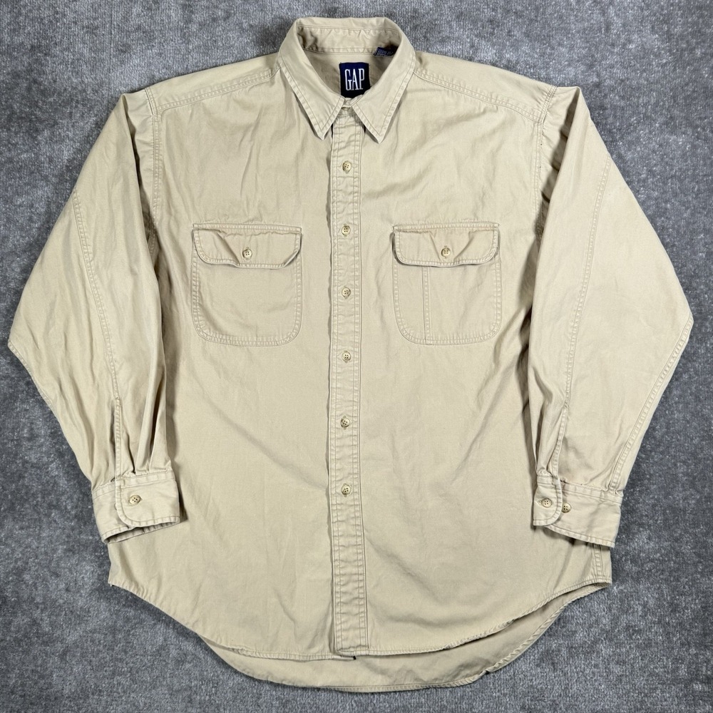 Vintage GAP Shirt Men's Large Beige Long Sleeve Button Up Pockets Workwear